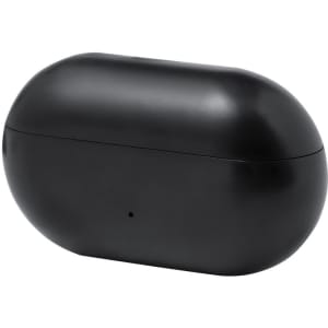 A black earphones case with a smooth, rounded design and a small branding logo.