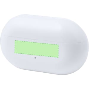 A white earphone case with a green area for branding. It features a small indicator light on the front.