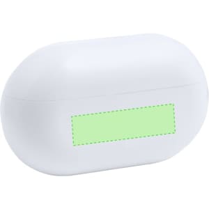 A white earphone case with a green highlighted label area. The case has a smooth, rounded design and features a logo.