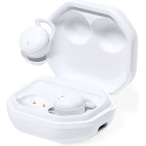 A pair of white Stigo earphones in a charging case, featuring a sleek design and a branding logo.