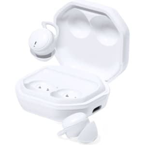 White Stigo earphones displayed in a charging case, with one earbud placed beside it. The case has a logo.