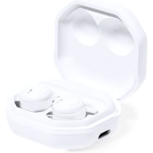 White Stigo Earphones in a matching charging case, featuring a sleek design and a logo on the case.