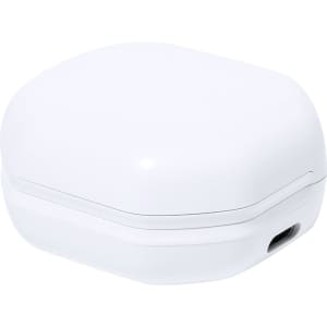 A compact white charging case for Stigo Earphones, featuring a sleek, rounded design and a port on the side.