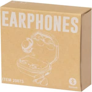 A brown cardboard box containing Stigo earphones with a clear top showing the earbuds inside and a logo.