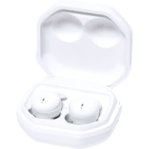 A pair of white Stigo Earphones in a protective charging case. The case is also white and opens to reveal the earbuds inside.