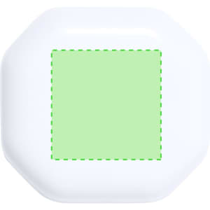A white, octagonal earbud case with a green square area. The case features a logo on its surface.