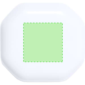 A white, octagonal device with a green square in the centre. It features a logo on its surface.