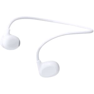 A pair of white Pulsex earphones with a flexible neckband design. The product features a logo on the earbud.