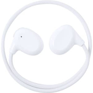 White earphones with a rounded design and a connecting cord, featuring a logo.