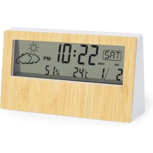 A weather station with a bamboo frame displaying time, date, temperature, and humidity in grey and white.