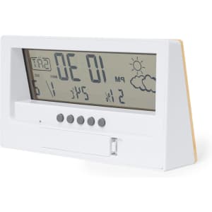 A white and wood weather station with a large digital display showing temperature, humidity, and weather icons.