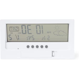 A white digital weather station featuring a display for temperature, time, humidity, and weather icons.