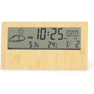 A weather station with a bamboo frame displaying time, humidity, temperature, and weather icons.