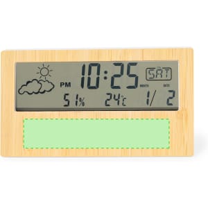 A bamboo-framed weather station display showing time, date, temperature, and humidity levels. It has a logo.