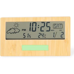 A bamboo weather station displaying time, date, temperature in Celsius, humidity percentage, and weather icons.