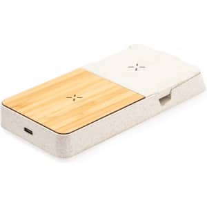 A wireless charger featuring a bamboo top and a light-coloured base, with a logo displayed on the surface.