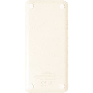 A wireless charger in a light cream colour with a textured finish and a logo on its surface.