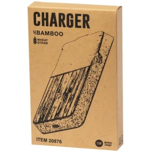 A wireless charger in a brown cardboard box with a bamboo design and a logo. Features a textured surface.