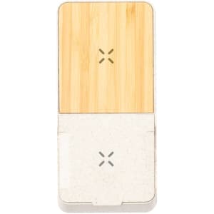 A wireless charger featuring a bamboo top and a light grey base, with a logo on the surface.