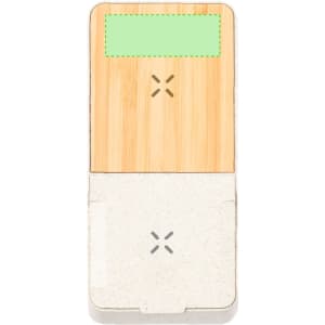 A wireless charger featuring a bamboo top and a beige base. It has a logo on the surface.