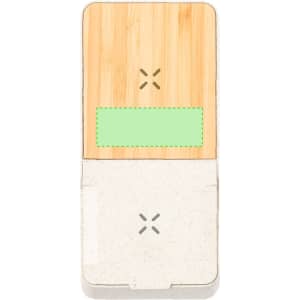 A wireless charger with a bamboo top and a light grey base, featuring a logo on the surface.