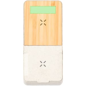 A wireless charger featuring a bamboo top and a cream bottom, with a logo on its surface.