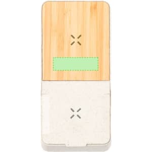 A wireless charger featuring a bamboo top and a textured base, with a logo and a light green design element.