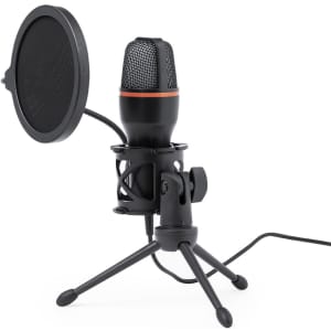 A black Densha condenser microphone with a pop filter on a tripod stand. It features a mesh grille and orange accents.