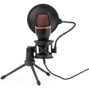 A black condenser microphone with a red mesh head, supported by a tripod and featuring a pop filter.