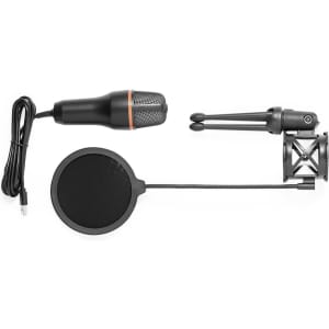 A black condenser microphone with an adjustable stand and a pop filter attached, featuring a cable.