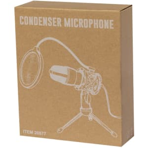 A brown cardboard box containing a condenser microphone with a pop filter illustration. The box has a logo.