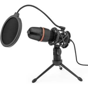A black condenser microphone with a pop filter, mounted on a tripod stand.