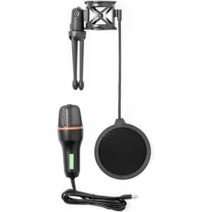 A black Densha condenser microphone with a pop filter, shock mount, and cable. It features a sleek design.