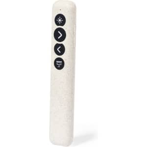 A white laser pointer remote with black buttons, featuring a logo on the side, designed for presentations.