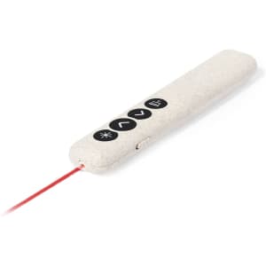 A laser pointer in a light grey case with black buttons for various functions and a bright red laser beam.