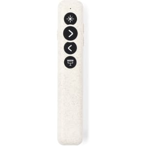 A laser pointer remote in white with black control buttons, featuring a logo on its side.