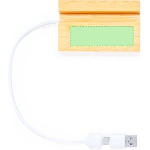 A bamboo USB hub with a white cable attached. The hub features a green placeholder area and has a logo.