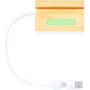 A bamboo USB hub with a white cable, featuring a green accent area and a logo.