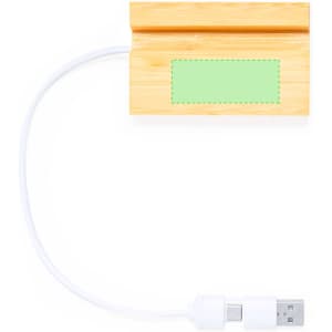 A bamboo USB hub with a white cord, featuring a green placeholder area. Contains a branding logo.
