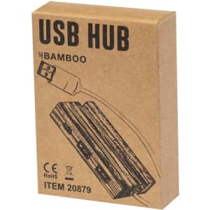 A USB hub in a brown cardboard box featuring a simple wood design and a logo.