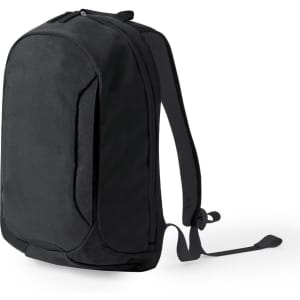 A black backpack with a sleek design, featuring adjustable straps and a blank front panel for branding.