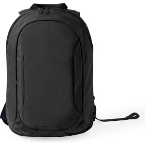 A black backpack featuring a sleek design and one logo, suitable for everyday use.