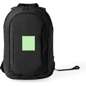 A black backpack with a square area for branding or logos. It features adjustable straps and a sleek design.