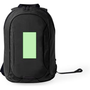 A black backpack featuring a rectangular area in a mint green colour. The backpack has a logo on it.