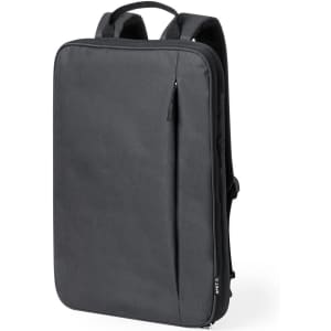A black backpack with a sleek design, featuring a zipper closure and padded shoulder straps. It has a logo.