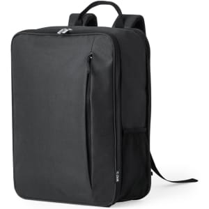 A sleek black backpack featuring a zippered compartment and a side mesh pocket, designed for versatility.