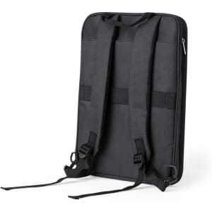 A black backpack with adjustable straps and a zippered closure, featuring a simple design and no visible branding.