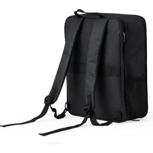 A black backpack with adjustable straps and a side mesh pocket, featuring a logo on the front.