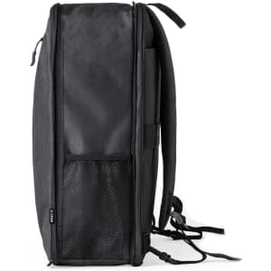 A black backpack featuring a sleek design, a mesh pocket, and adjustable straps. It has a logo on the side.