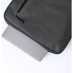 A black backpack with a zipped compartment partially revealing a grey laptop inside. It has a branding logo.